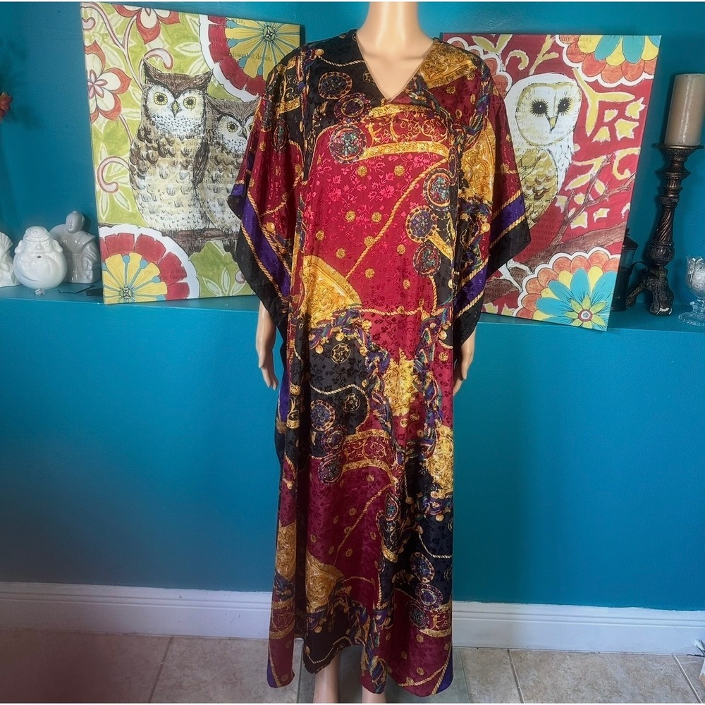 Sante Women's Caftan Maxi Dress Baroque Scarf Print Jewel Tone Boho Kaftan